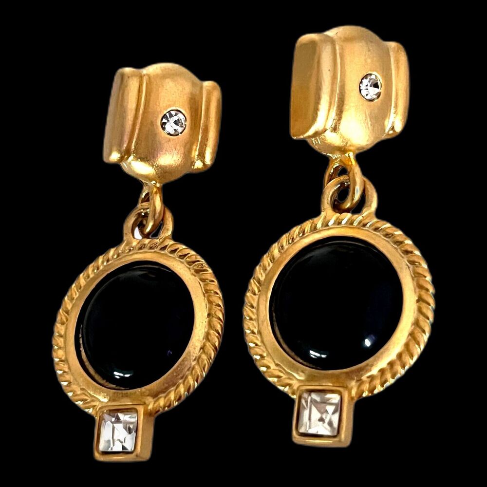 Vintage 1980s Earrings Black Cabochon Crystal Drop Gold Tone Pierced - 4O